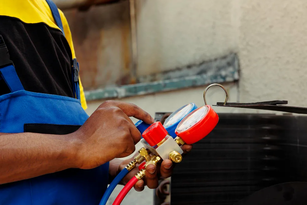 Technician connecting refrigerant gas hoses to an outdoor AC unit