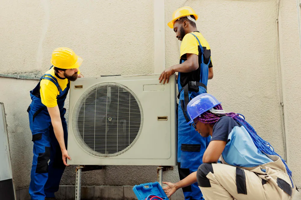 Coolora AC Service technicians installing an outdoor AC condenser unit