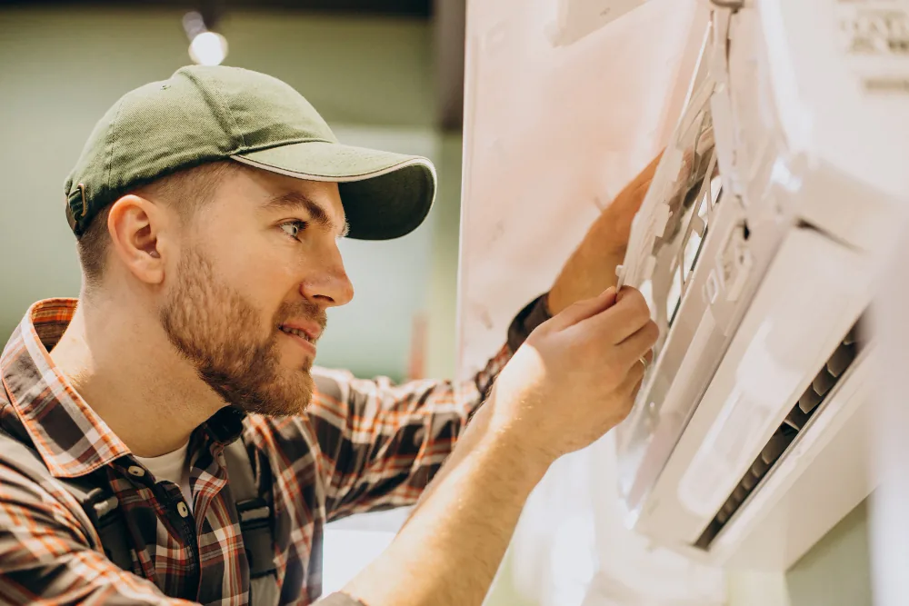 Coolora AC Service technician repairing an indoor split AC unit